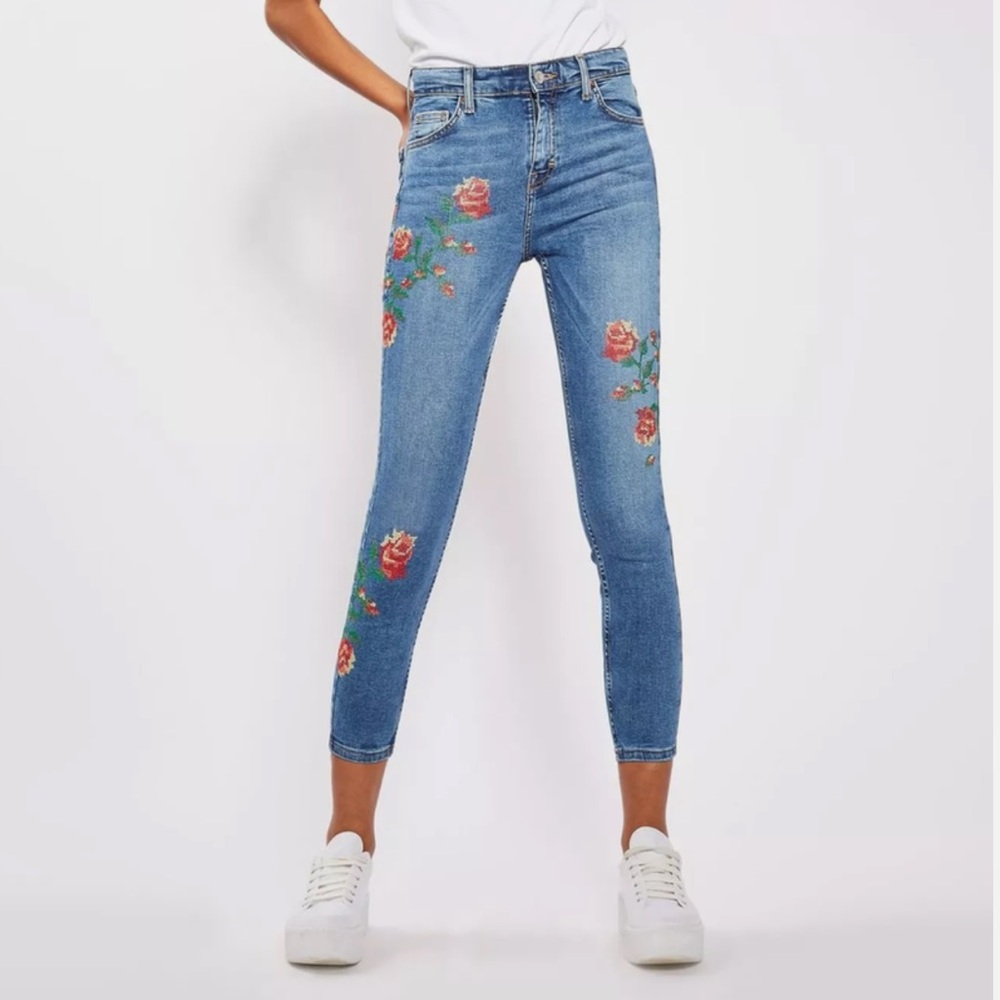 Top Shop Moto Cross Stitch Jamie Embroidered Floral Denim